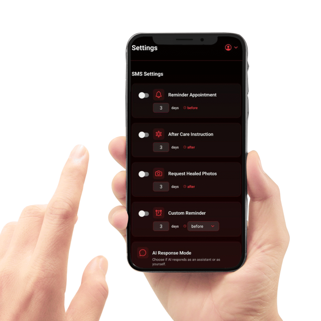 SMS settings and aftercare reminders inside LucentDesk AI tattoo booking app