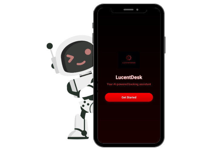 LucentDesk tattoo booking app preview on mobile with robot mascot and Get Started button
