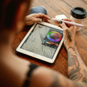 Tattoo artist designing a floral tattoo on a tablet with a stylus while sitting at a wooden table.