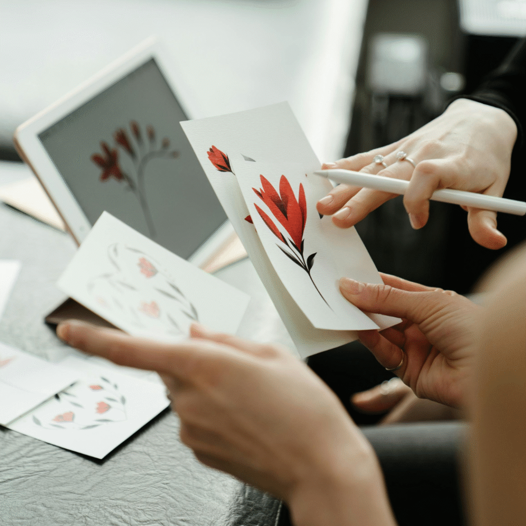 Tattoo artist reviewing floral designs with a client, preparing for an appointment to avoid tattoo appointment no-shows.
