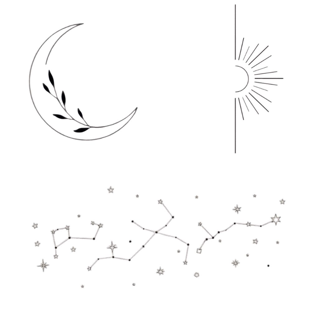 Minimalist line art of crescent moon, half sun, and constellation stars.
