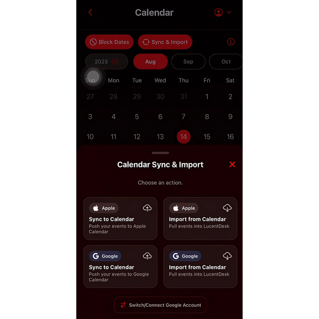 LucentDesk app screenshot showing calendar sync and import options with Google and Apple Calendar.