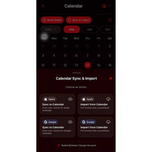 LucentDesk app screenshot showing calendar sync and import options with Google and Apple Calendar.