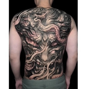 Full back Japanese dragon tattoo in black and grey with pink highlights