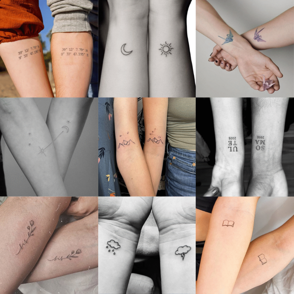 Collage of matching tattoo ideas for friends including coordinates, sun and moon, paper cranes, constellations, flowers, clouds, and books