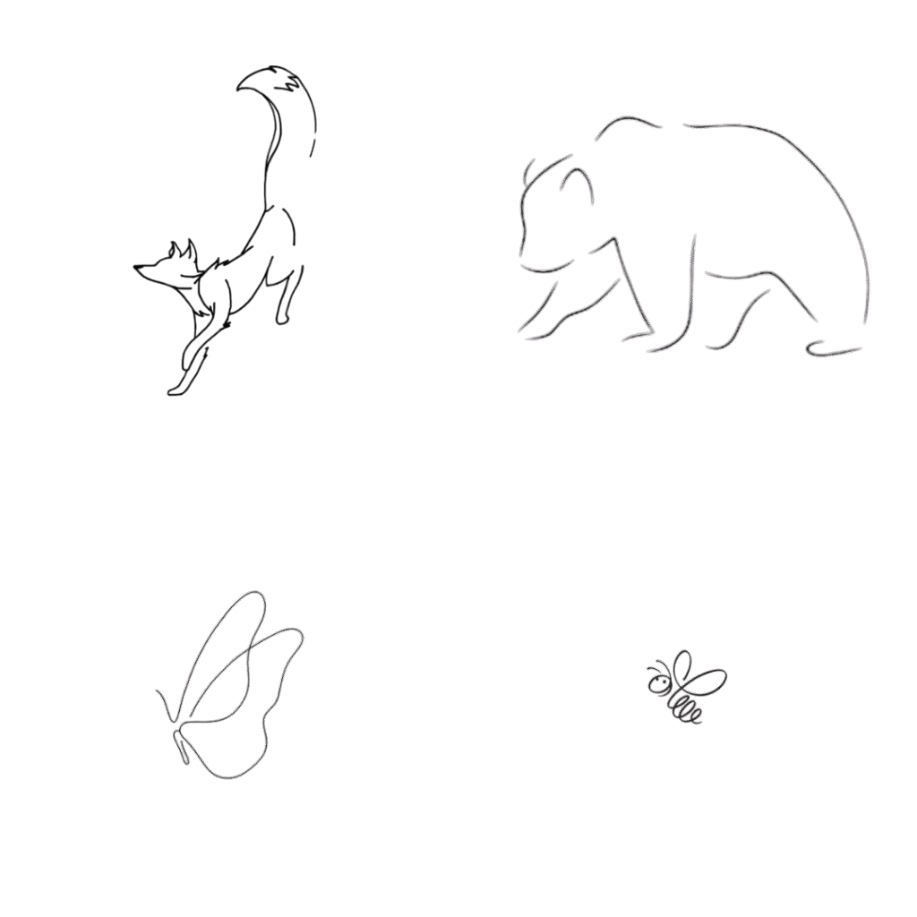 Minimalist animal line art featuring fox, bear, butterfly, and bee.