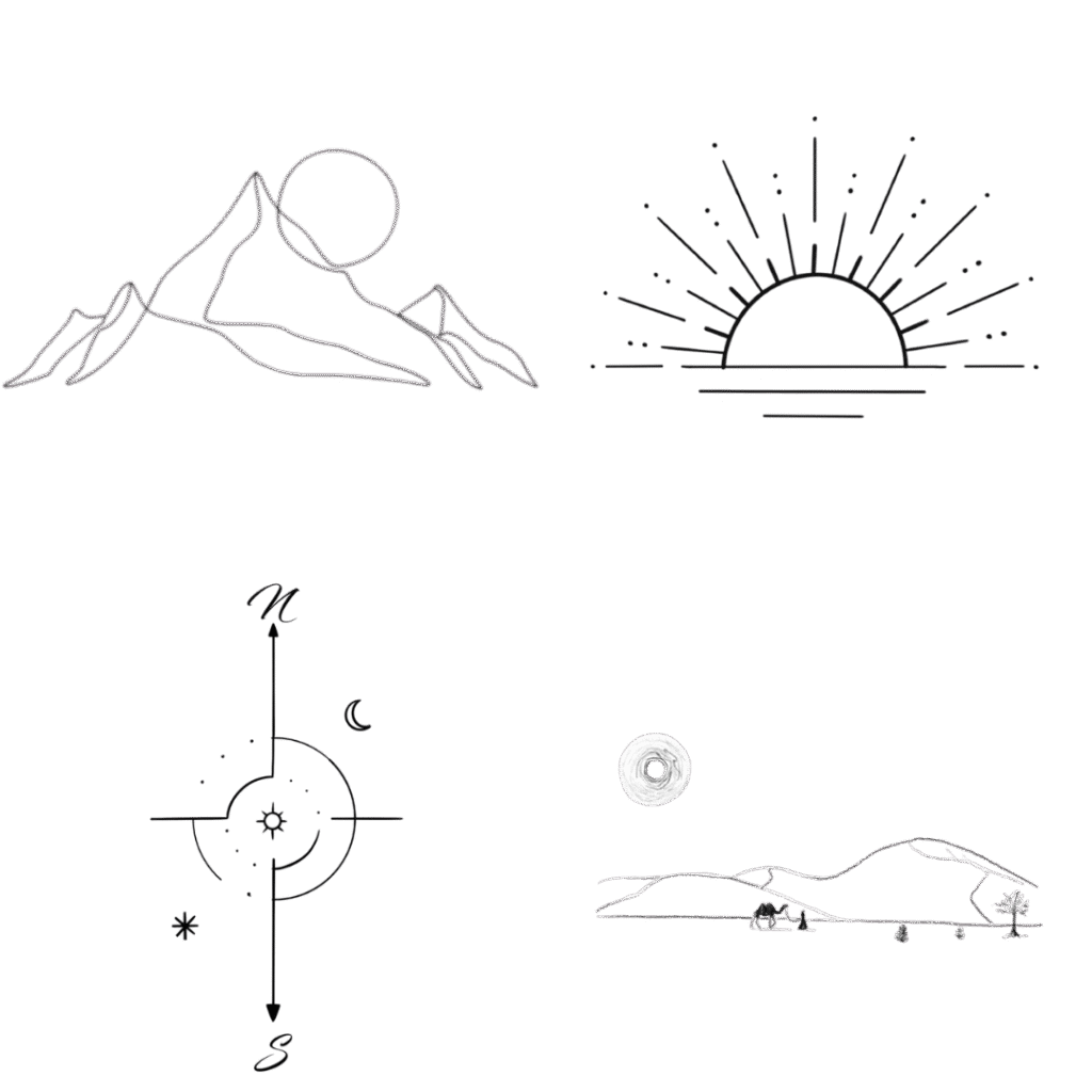 Minimalist mountain line drawings with sun, compass design, and desert landscape.