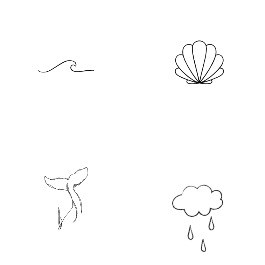 Minimalist line art of ocean wave, seashell, whale tail, and rain cloud.