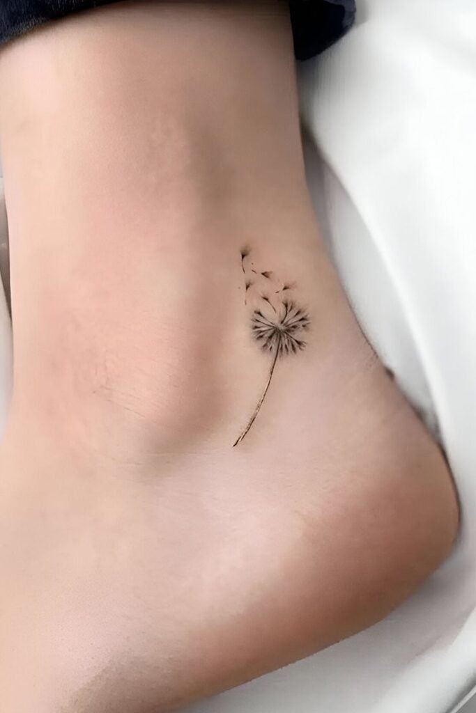 Tiny tattoos marketing featuring minimalist dandelion micro tattoo on ankle