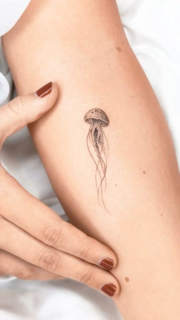 Small fine line jellyfish tattoo on forearm with delicate flowing tentacles