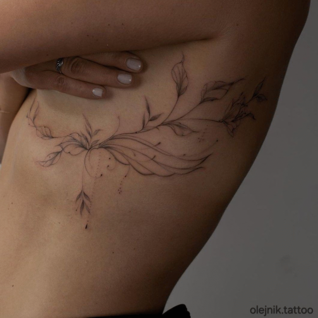 Delicate fine line floral tattoo on ribcage with flowing leaves and natural detail