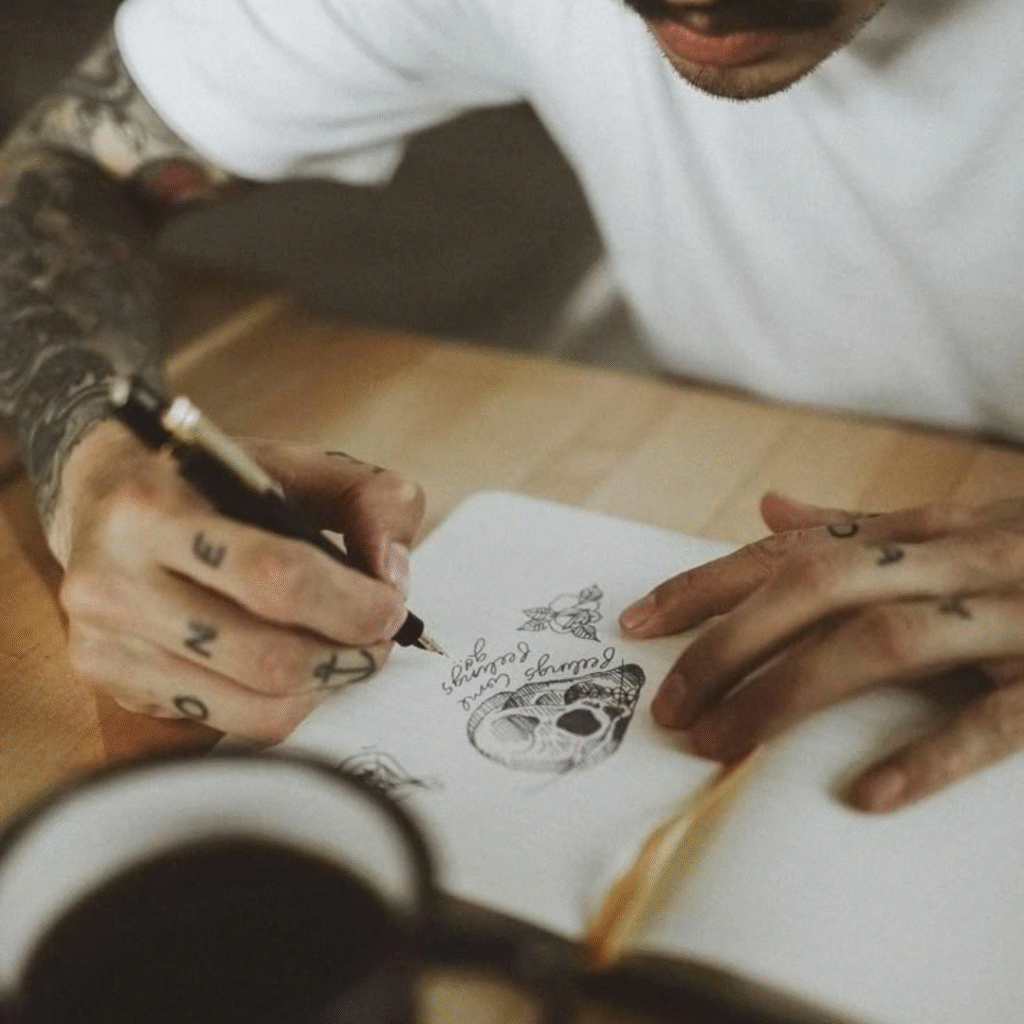 Tattoo artist sketching skull and floral design in a notebook during concept work