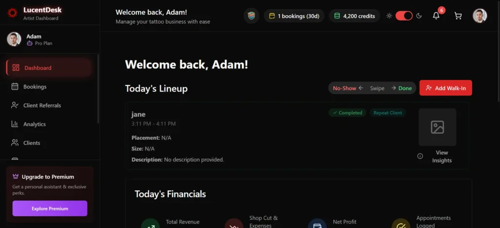 LucentDesk tattoo artist dashboard showing bookings, client lineup, and financial insights