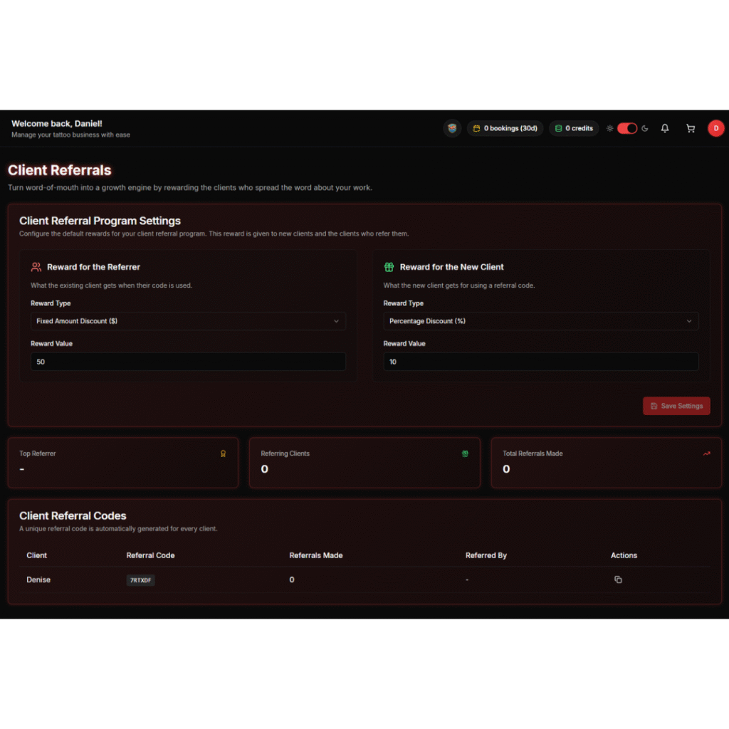 LucentDesk Tattoo Referral Program – Client Referrals Dashboard.