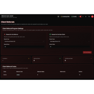 LucentDesk Tattoo Referral Program – Client Referrals Dashboard.