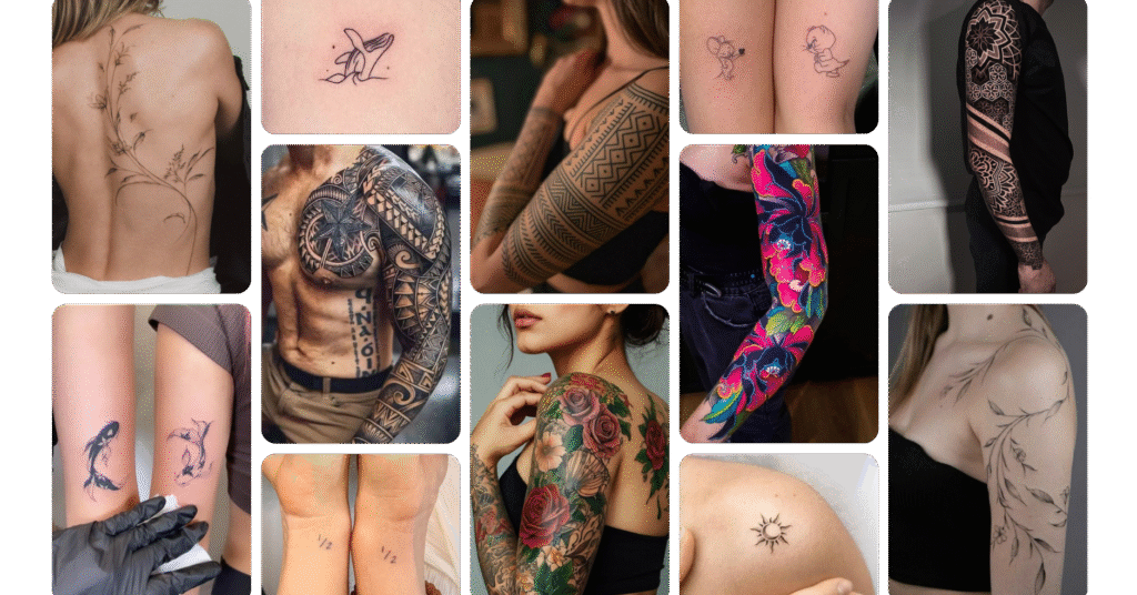A collage of tattoo designs including minimalist fine line tattoos, floral back pieces, Polynesian tribal sleeves, colorful full-sleeve tattoos, matching couple tattoos, and small symbolic tattoos.