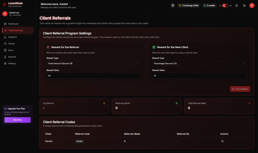 LucentDesk web app client referrals dashboard showing referral program settings, reward types, and referral codes.
