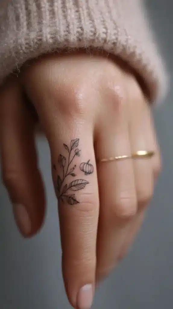 Fine line botanical finger tattoo with tiny pumpkin – minimalist fall tattoo trends 2025