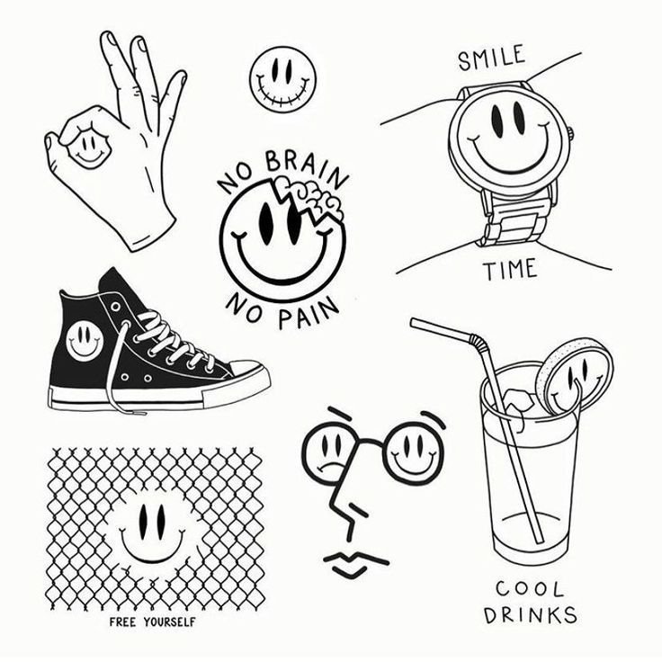 Flash tattoo drops sheet featuring smiley face and retro line-style tattoo designs