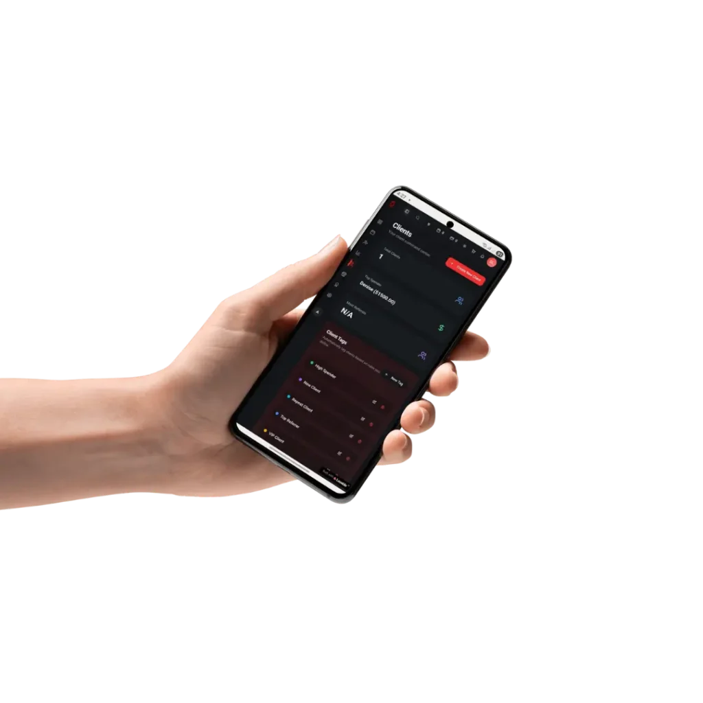 Hand holding a smartphone showing the LucentDesk web app client management dashboard