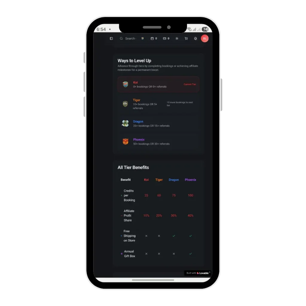 LucentDesk tattoo affiliate program mobile screen showing artist level tiers Koi, Tiger, Dragon, and Phoenix with booking credits and profit share.