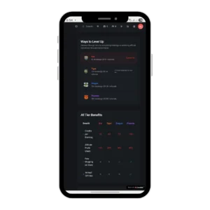 LucentDesk tattoo affiliate program mobile screen showing artist level tiers Koi, Tiger, Dragon, and Phoenix with booking credits and profit share.