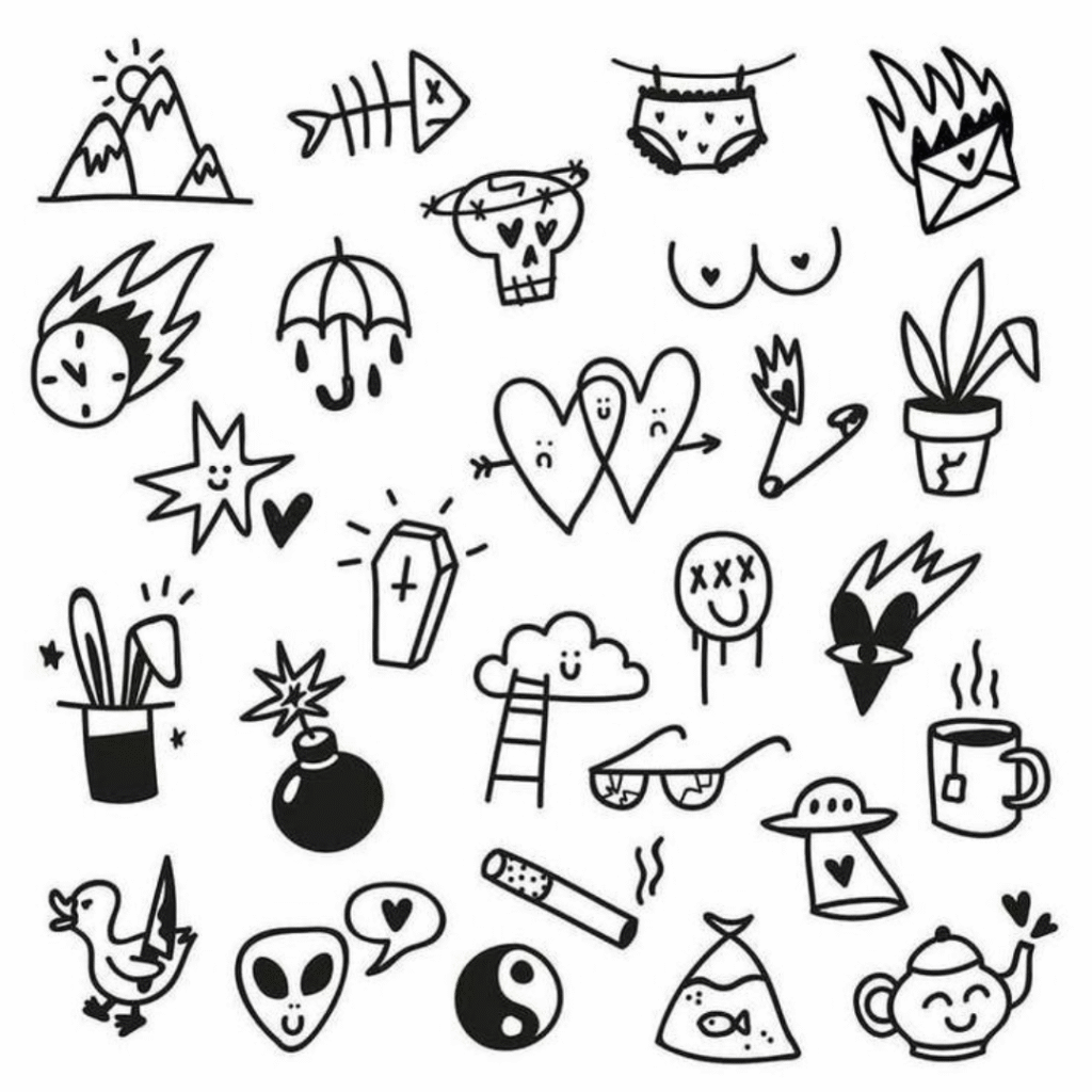 Flash tattoo drops sheet with playful doodle-style micro tattoo designs