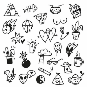 Flash tattoo drops sheet with playful doodle-style micro tattoo designs