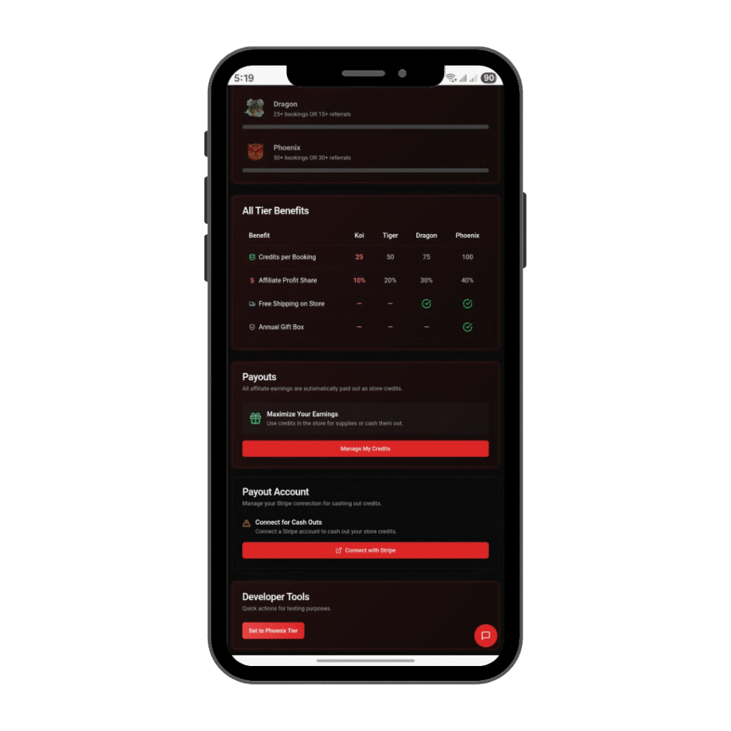LucentDesk tattoo credit system mobile dashboard showing artist tiers, credits per booking, profit share, and cash out options.