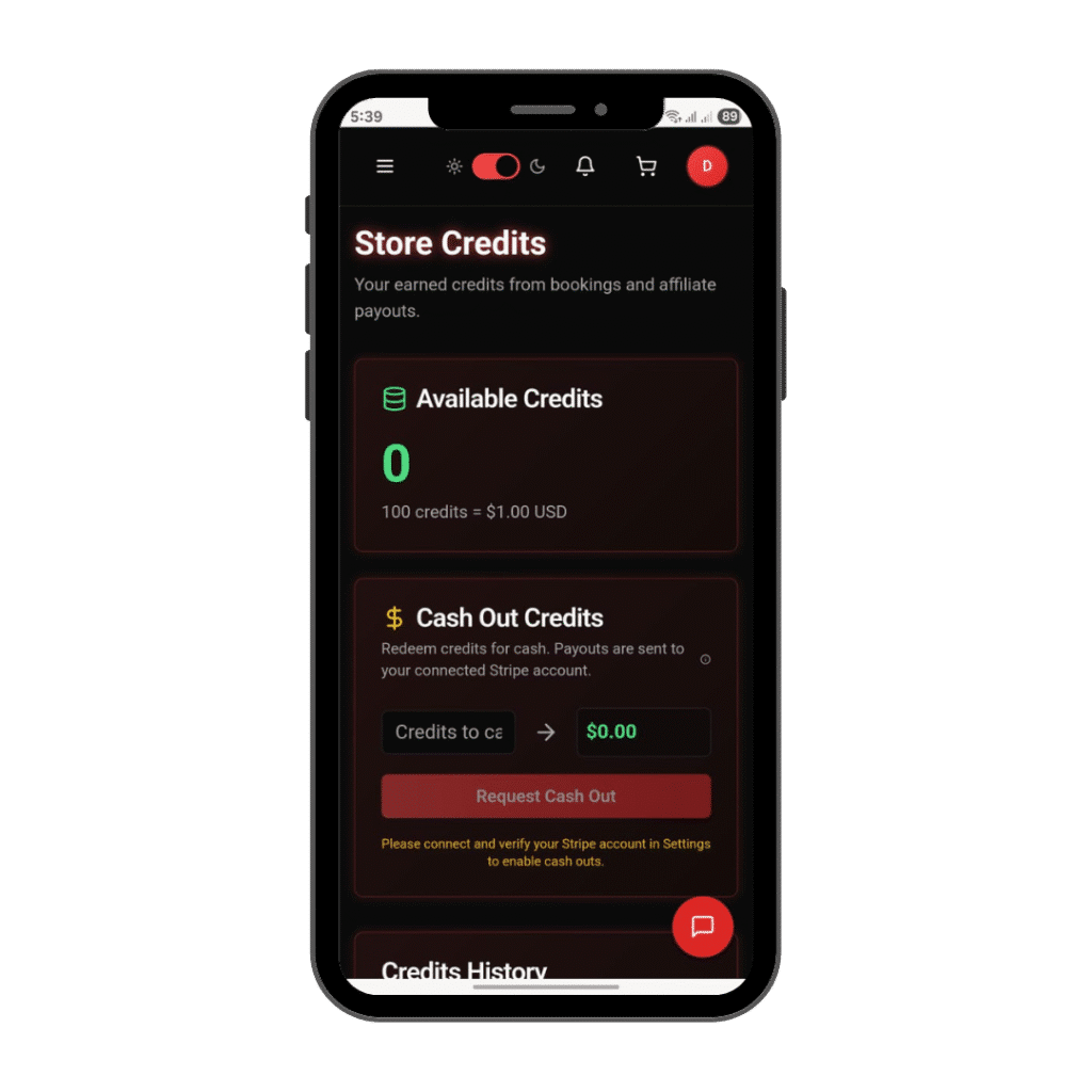 LucentDesk tattoo credit system mobile screen showing available credits, cash out option, and Stripe connection setup.