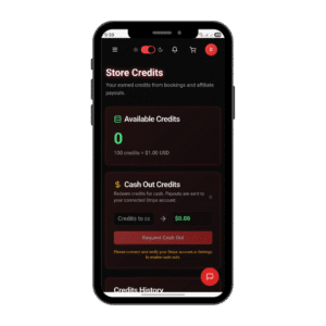 LucentDesk tattoo credit system mobile screen showing available credits, cash out option, and Stripe connection setup.