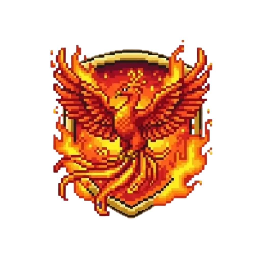 Pixel art of a fiery phoenix with wings spread inside a golden shield engulfed in flames.