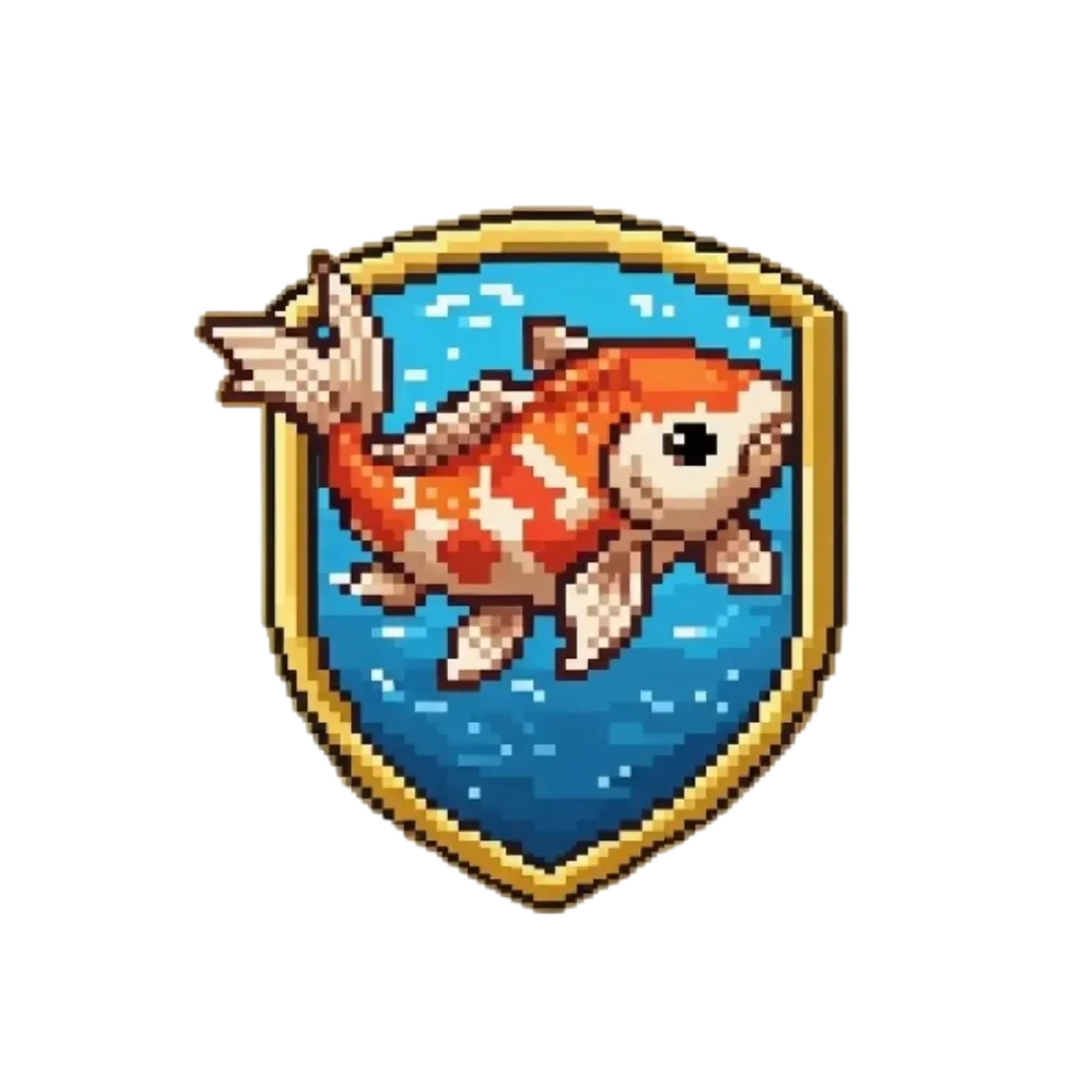 Pixel art of an orange and white koi fish swimming inside a golden-edged blue shield.