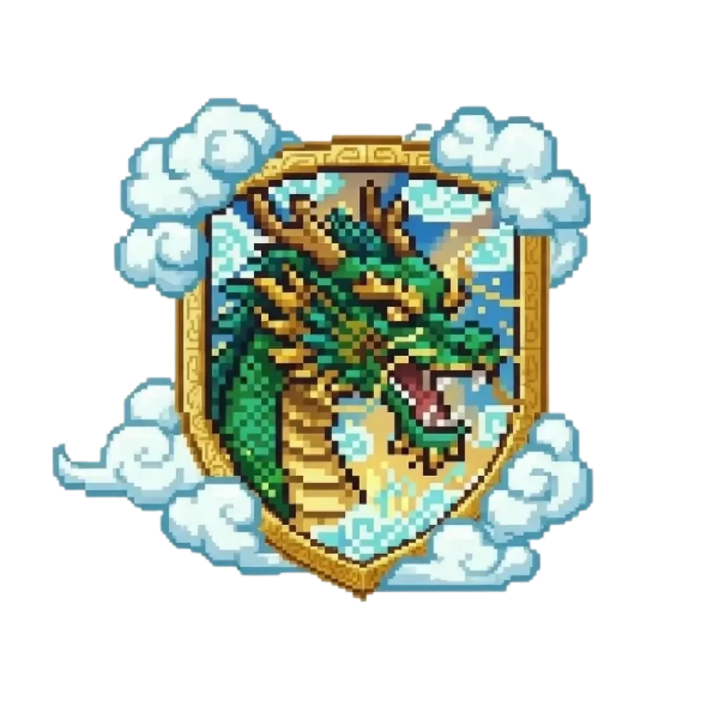 Pixel art of a green and gold dragon roaring inside a golden shield surrounded by clouds.