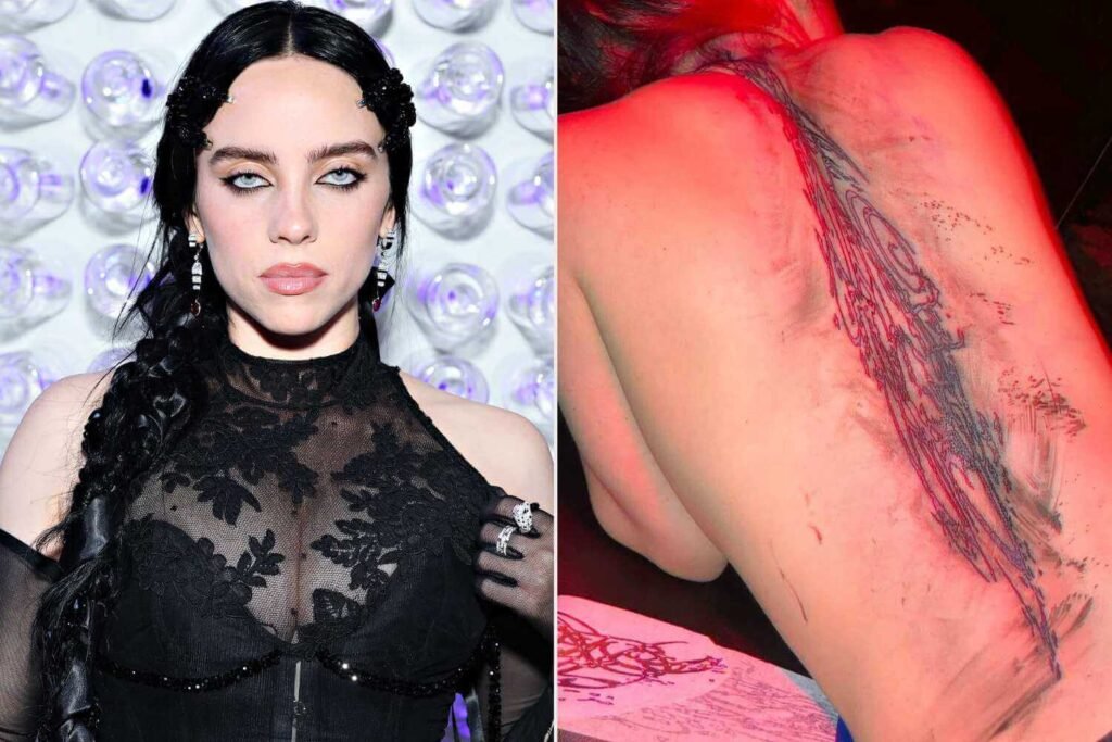 Billie Eilish back tattoo featuring abstract black linework representing identity and emotional expression – tattoo symbolism in pop culture