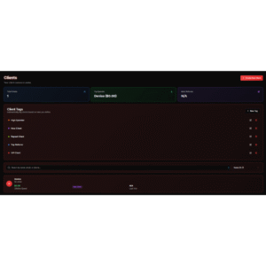 LucentDesk tattoo client management system showing client list, tags, and top spender overview.