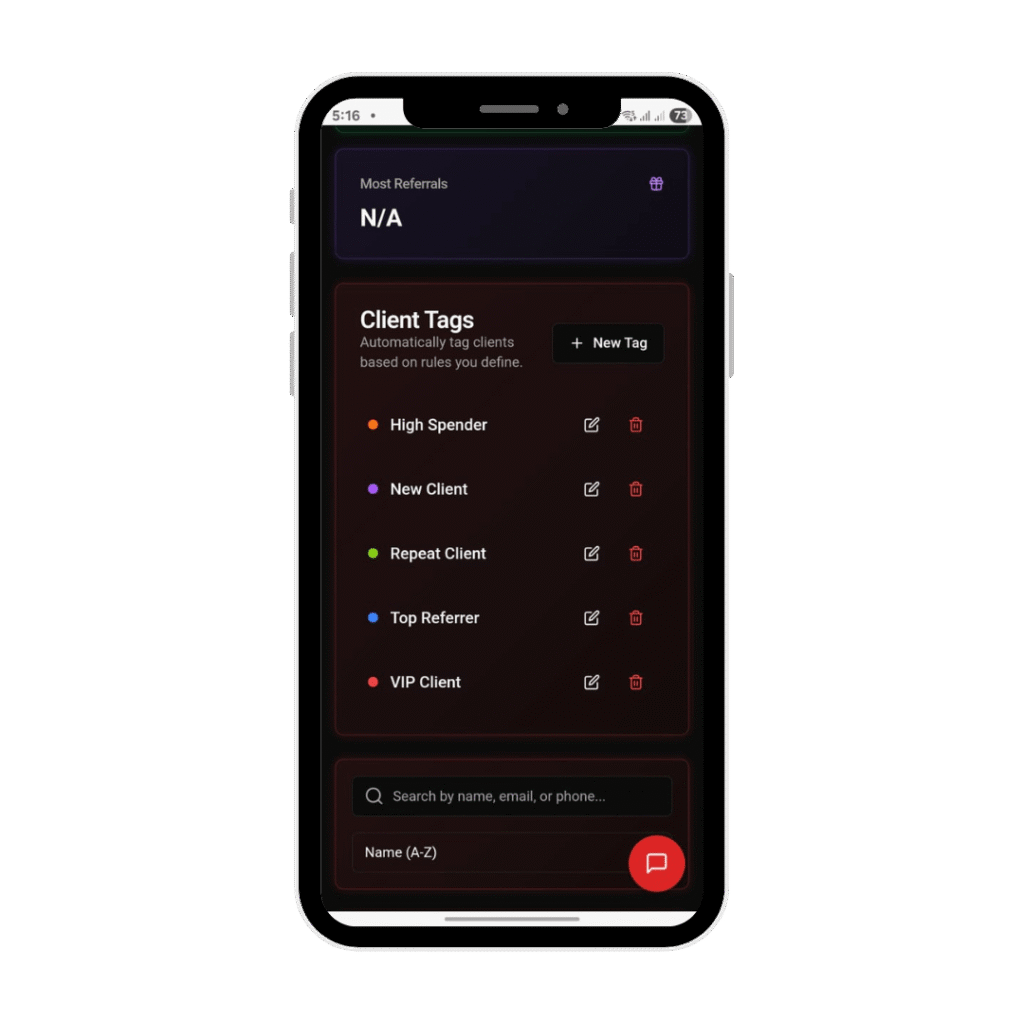 LucentDesk mobile client tag screen showing High Spender, Repeat Client, and VIP Client options.