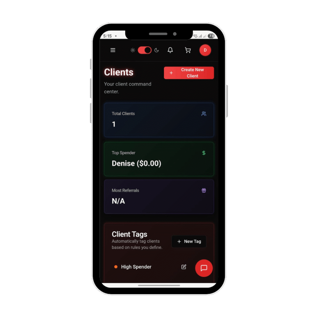 LucentDesk mobile dashboard displaying client summary, top spender, and referral data.