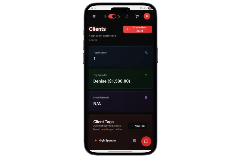 LucentDesk Web App client management dashboard with client tags, top spender, and referral tracking