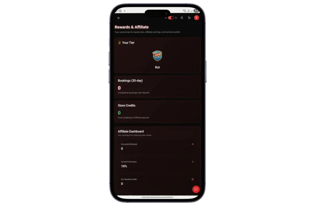 LucentDesk Web App rewards and affiliate dashboard showing tier, bookings, and store credits on mobile view