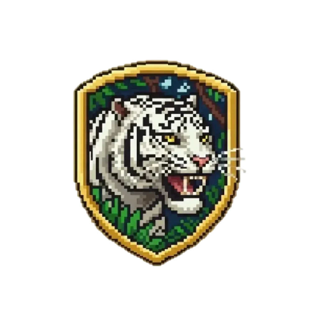 Pixel art of a roaring white tiger inside a golden shield with a forest background.