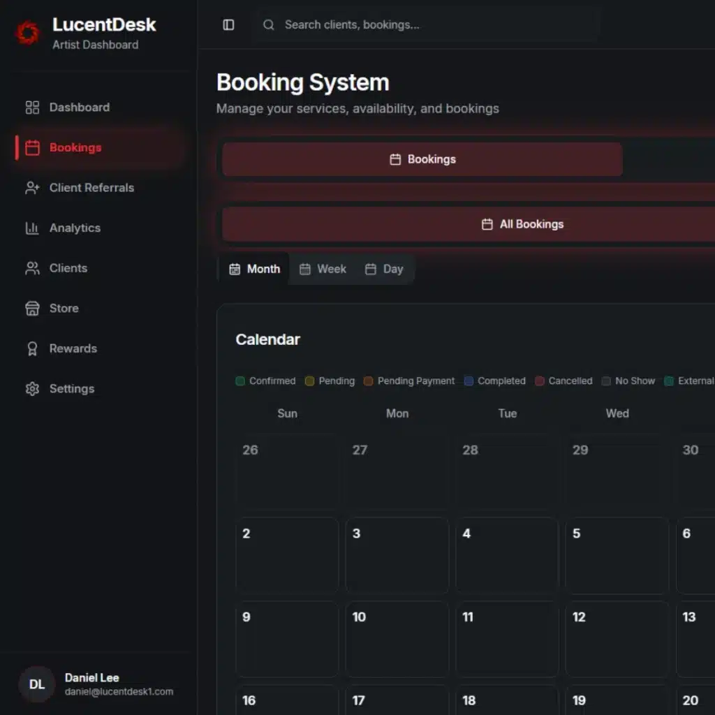 LucentDesk tattoo booking system dashboard showing calendar view for managing appointments, availability, and client bookings.