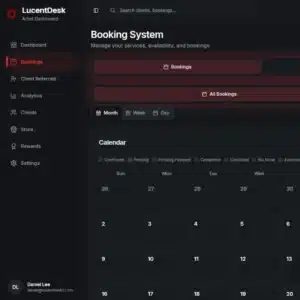 LucentDesk tattoo booking system dashboard showing calendar view for managing appointments, availability, and client bookings.
