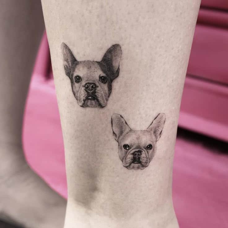 minimal french bulldog portrait tattoos on leg with fine line realism