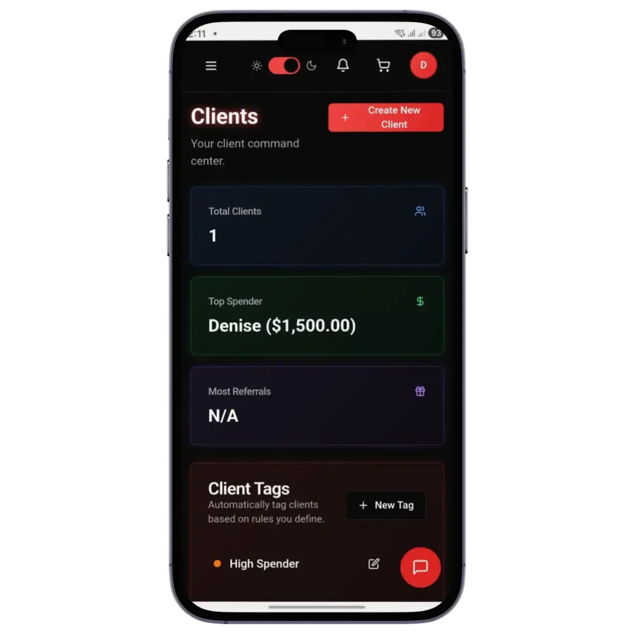 LucentDesk Web App client management dashboard with client tags, top spender, and referral tracking