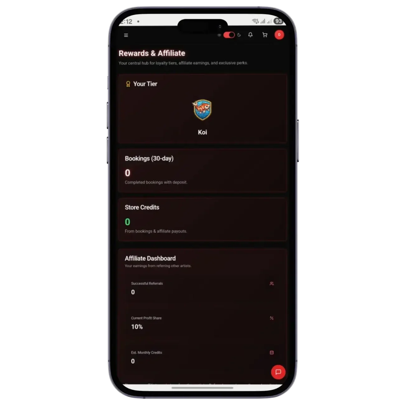LucentDesk Web App rewards and affiliate dashboard showing tier, bookings, and store credits on mobile view